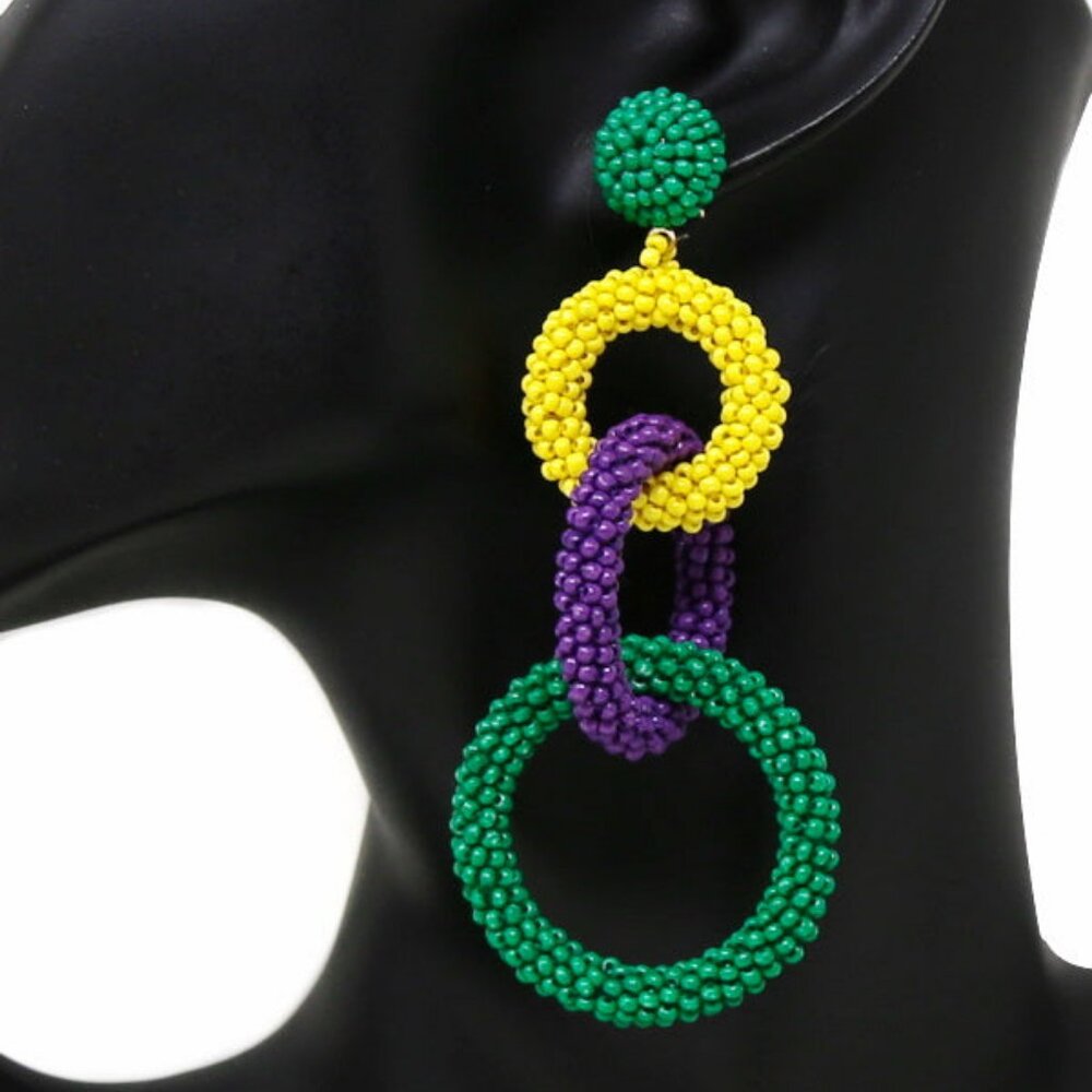 Long Seed Beaded Looped Mardi Gras New Orleans Party Celebration Holiday Earring